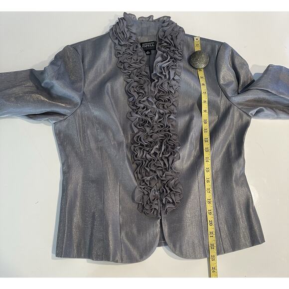 Vtg Adrianne Papell Jacket Silver Shimmer Ruffle Elegant Holiday Essential Sz 14 - Picture 6 of 7